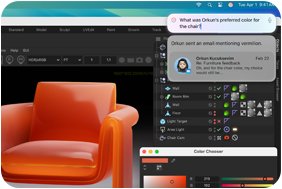 A designer creating a chair using a 3D designer application, with Siri responding from ChatGPT to their question about resin textures